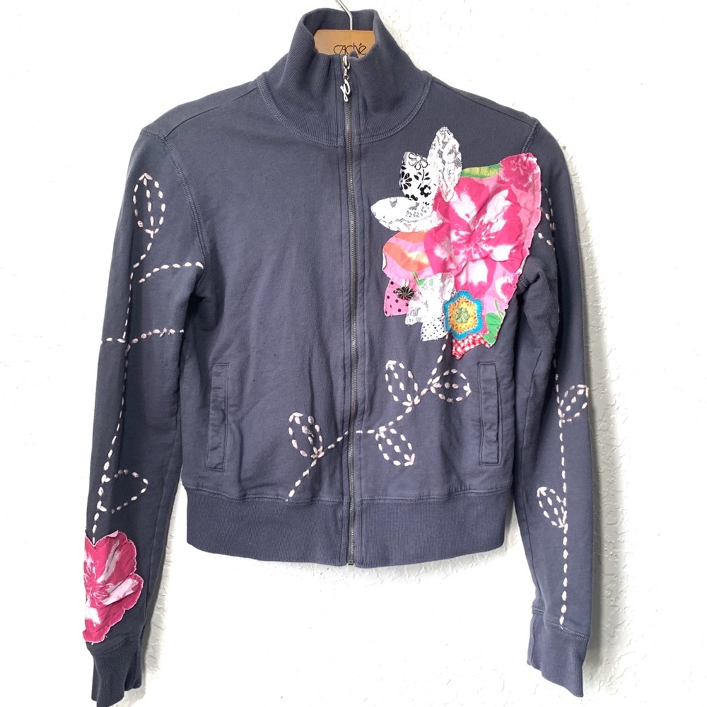 Guess Vintage Grey Floral High Neck Zip Up Sweater